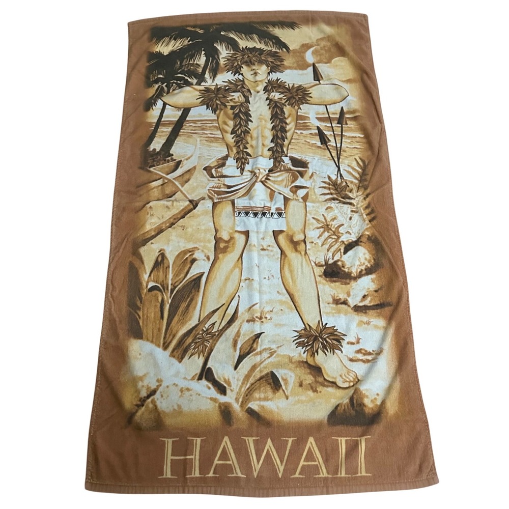 Vintage‎ Hawaii Beach Towel Hula Male Dancer 55.5" x 29.5" neutral beige